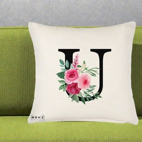 Cadou Personalizat - Perna Personalizata Monograma Florala Litera U, 40x40 cm, Crem Reliefat, Husa Detasabila, Perna Inclusa, BEKZ®