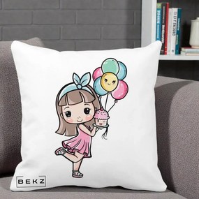 Perna Decorativa Fetita Kawaii cu Baloane si Cupcake, 40x40 cm, Alba Mata, Husa Detasabila, Perna Inclusa, BEKZ®