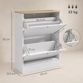 HOMCOM Pantofar Slim cu 2 Uși Rabatabile, Rafturi Reglabile și Detașabile, pentru 8-12 Perechi, 60x23,5x80 cm, Alb | Aosom Romania