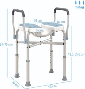 HOMCOM Scaun de Duș cu Brațe, Înălțime Reglabilă și Orificii pentru Scurgerea Apei, 53x36x64-75 cm, Albastru | Aosom Romania