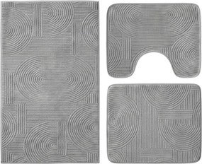 Set covoare baie antiderapante, 3 piese, gri, textura soft cu acolade