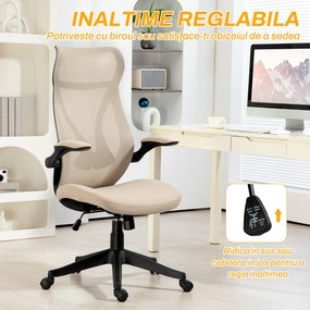 HOMCOM Scaun Ergonomic de Birou cu Brațe Rabatabile, Tetieră, Înălțime Reglabilă și Funcție de Leagăn, 66x66x121 cm, Bej | Aosom Romania