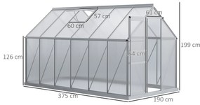 Outsunny Seră de Grădină din Policarbonat 7,1 m² dim. 1,9L x 3,75l x 1,99 m cu Fundație, Fereastră de Ventilație Reglabilă, Ușă Glisantă - Argintiu și Transparent | Aosom Romania