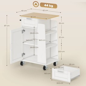 Cărucior de Bucătărie HOMCOM cu Sertar, Dulap, Suport pentru Prosoape și 3 Suporturi pentru Condimente, din Lemn, 62x40x87 cm, Alb | Aosom Romania