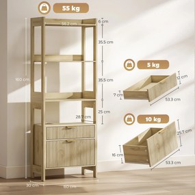 HOMCOM Bibliotecă înaltă, corp de depozitare cu 4 rafturi deschise și 2 sertare canelate, 60 x 30 x 160 cm, lemn natural | Aosom Romania