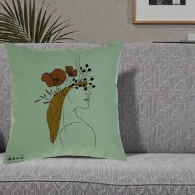Perna Decorativa Portret Feminin Maci Rosii Auriu, 40x40 cm, Verde, Husa Detasabila, Perna Inclusa, BEKZ®
