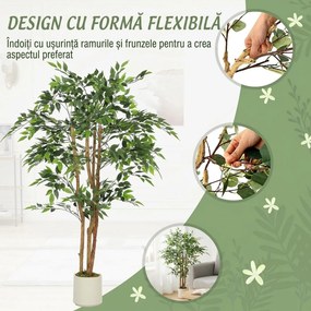 HOMCOM Plantă Artificială Banian din PEVA și Lemn cu Ramuri Modelabile și Ghiveci Alb din PP și Ciment | Aosom Romania