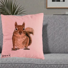 Perna Decorativa Veverita Acuarela, 40x40 cm, Roz, Husa Detasabila, Perna Inclusa, BEKZ®