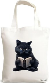 Sacosa de Panza pentru Cumparaturi, Geanta Tote, model Reading cat 9 38 x 34.5 cm, Alba, BEKZ®