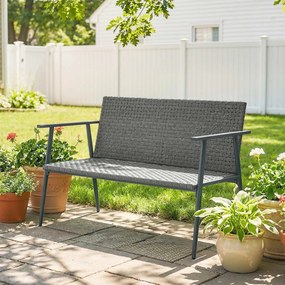 Outsunny Bancă de grădină 2 locuri din rășină împletită și oțel, cu cotiere, spătare și picioare reglabile, 110x58x78cm, gri | Aosom Romania