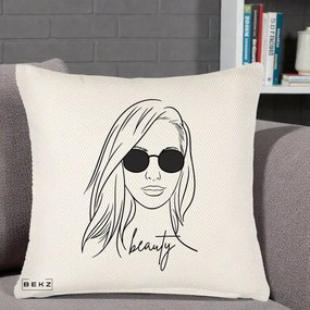 Perna Decorativa Beauty Girl Line Art, 40x40 cm, Crem Reliefat, Husa Detasabila, Perna Inclusa, BEKZ®