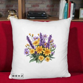 Perna Decorativa Lavanda cu Margarete Galbene si Lila, 40x40 cm, Alb Pufos, Husa Detasabila, Perna Inclusa, BEKZ®