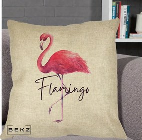 Perna Decorativa Flamingo Acuarela, 40x40 cm, Crem, Husa Detasabila, Perna Inclusa, BEKZ®