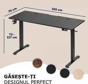 Birou de birou reglabil pe înălțime FLEXI, 160x75x72–117cm, negru Casaria