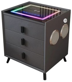 Noptiera inteligenta cu &icirc;ncărcare wireless și iluminare LED &ndash;culoare: gri antracit, 3 Sertare de depozitare, difuzor Bluetooth