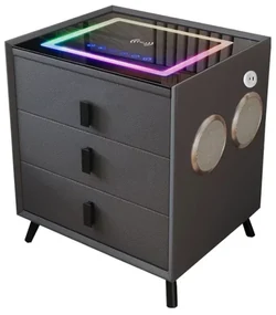 Noptiera inteligenta cu &icirc;ncărcare wireless și iluminare LED &ndash;culoare: gri antracit, 3 Sertare de depozitare, difuzor Bluetooth