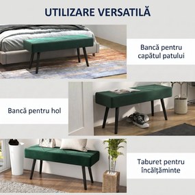 HOMCOM Bancă pentru Capătul Patului, Bancă cu Picioare din Oțel și Țesătură cu Efect de Catifea, 100x36x45 cm, Verde | Aosom Romania