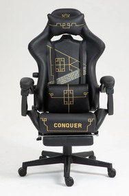 Scaun gaming, ergonomic, perna lombara cu masaj, suport lombar reglabil, spătar reglabil 90-155°, suport pentru picioare, piele PU, Negru/Auriu