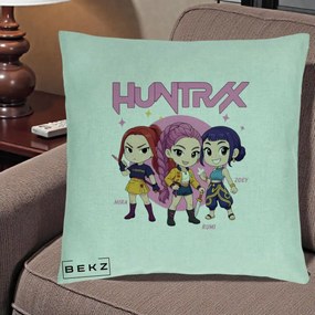 Perna Personalizata K-pop HUNTRX Trio Chibi cu Arme, 40x40 cm, Verde Menta, Husa Detasabila, Perna Inclusa, BEKZ®