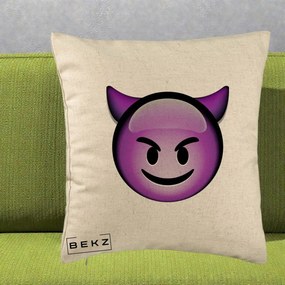 Perna Decorativa Emoji Diavol Mov, 40x40 cm, Bej, Husa Detasabila, Perna Inclusa, BEKZ®