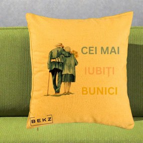 Cadou pentru Bunici - Perna Personalizata Cei Mai Iubiti Bunici Acuarela Spate, 40x40 cm, Galben, Husa Detasabila, Perna Inclusa, BEKZ®