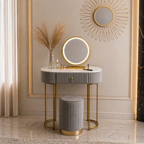 Set SARAH, Masă de toaletă pentru machiaj cu oglindă iluminată LED, control touch, sertar, taburet, 80x40x76 cm, Gri/Auriu