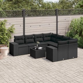 3222354 vidaXL Set mobilier de grădină cu perne, 9 piese, negru, poliratan