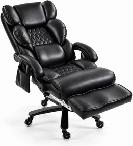 Aurelio Relax — Scaun directorial tip fotoliu, Masaj în 8 puncte, Încălzire, Reclinare 90°–155°, Suport pentru picioare, Cotiere capitonate, Piele ecologică PU, Negru