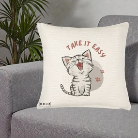 Perna Personalizata Take It Easy Cat, 40x40 cm, Crem Reliefat, Husa Detasabila, Perna Inclusa, BEKZ®