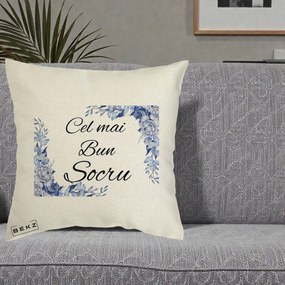 Cadou pentru Socru - Perna Personalizata Cel mai Bun Socru cu Flori Albastre Acuarela, 40x40 cm, Ecru, Husa Detasabila, Perna Inclusa, BEKZ®