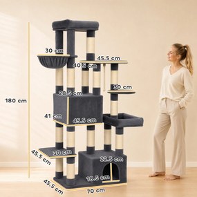 PawHut Ansamblu de Joacă pentru Pisici 180 cm, Multinivel, 13 Stâlpi de Zgâriat, 2 Grote, Hamac, 2 Culcușuri, Gri Închis | Aosom Romania