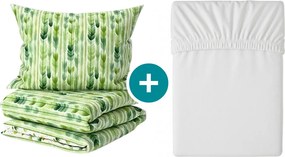 Set Lenjerie de pat creponata GREEN TREES POLY verde + Cearsaf Jersey 180 x 200 cm alb, pat dublu