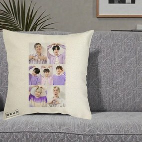 Perna Personalizata K-pop BTS Colaj 7 Portrete cu Inimi Lila, 40x40 cm, Ecru, Husa Detasabila, Perna Inclusa, BEKZ®