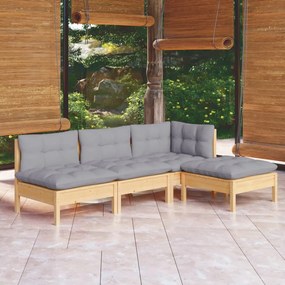 Set mobilier gradina cu perne, 4 piese, gri, lemn de pin Maro  si gri