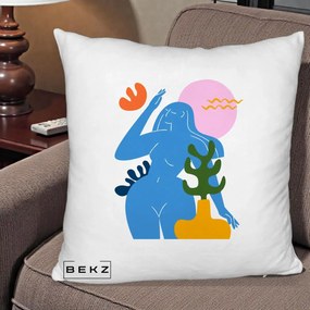 Perna Decorativa Femeie Albastra Cactus, 40x40 cm, Alb Pufos, Husa Detasabila, Perna Inclusa, BEKZ®