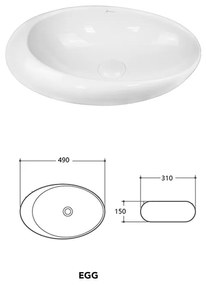 Lavoar pe blat Fluminia, Egg, oval, 49 x 31 cm, alb