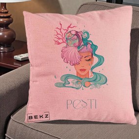 Perna Personalizata Zodiac Pesti Cowgirl, 40x40 cm, Roz, Husa Detasabila, Perna Inclusa, BEKZ®