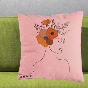Perna Decorativa Portret Feminin Flori Galbene-Portocalii, 40x40 cm, Roz, Husa Detasabila, Perna Inclusa, BEKZ®