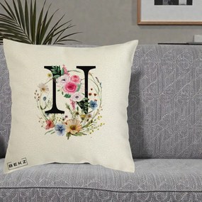 Cadou Personalizat - Perna Personalizata Monogram Litera N cu Flori Acuarela, 40x40 cm, Ecru, Husa Detasabila, Perna Inclusa, BEKZ®