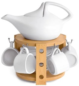 Set  de cafea cu 6 cesti ,farfurioare , ibric Portelan si suport bambus,24x24x20 cm