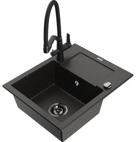 Mexen Enzo chiuvetă de granit cu o cuvă și scurgător, cu baterie de bucătărie Duo, negru/auriu metalic