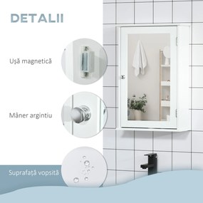 kleankin Dulap de Baie cu Oglindă – Dulap cu Oglindă – Dulap pentru WC – 1 Ușă, 2 Rafturi – MDF Alb și Sticlă | Aosom Romania