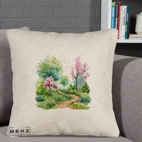 Perna Decorativa Gradina Primavara Acuarela, 40x40 cm, Bej Canapea, Husa Detasabila, Perna Inclusa, BEKZ®