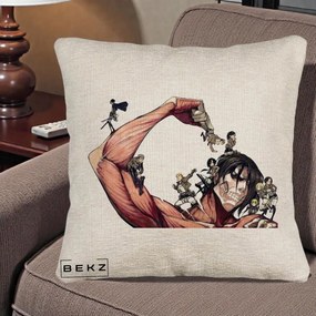 Perna Personalizata Attack on Titan Eren Titan Grup, 40x40 cm, Bej Canapea, Husa Detasabila, Perna Inclusa, BEKZ®