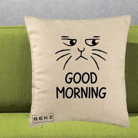 Perna Decorativa Pisica Morocanoasa Good Morning, 40x40 cm, Bej, Husa Detasabila, Perna Inclusa, BEKZ®