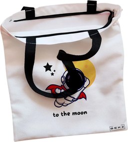 Sacosa de Panza pentru Cumparaturi, Geanta Tote, model To the moon, Cu fermoar, 38x34.5 cm, Alba, BEKZ®