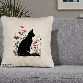 Perna Decorativa Pisica Neagra Profil Flori Portocalii, 40x40 cm, Bej Canapea, Husa Detasabila, Perna Inclusa, BEKZ®