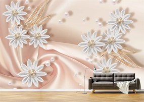 Tapet Premium Canvas - Flori albe pe fundal roz