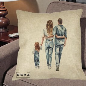 Cadou pentru Familie - Perna Personalizata Familie Acuarela Jeans, 40x40 cm, Crem, Husa Detasabila, Perna Inclusa, BEKZ®