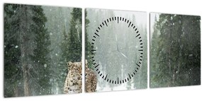 Tablou cu leopard în zăpadă (cu ceas) (90x30 cm)